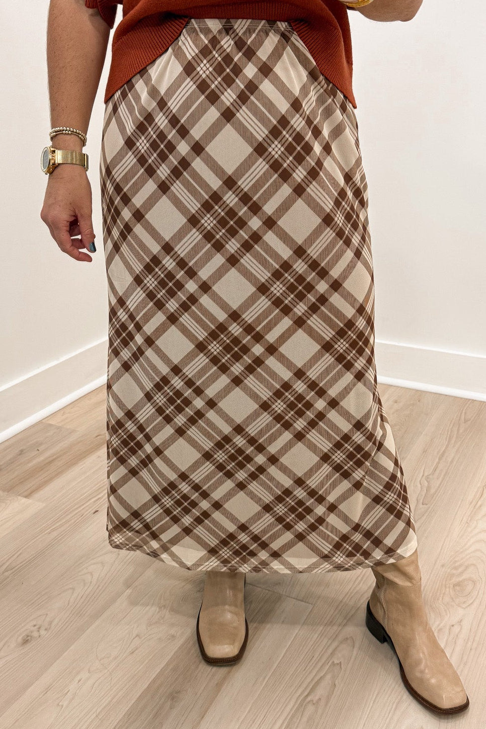 taupe and brown vintage inspired plaid print lightweight fabric relaxed midi skirt