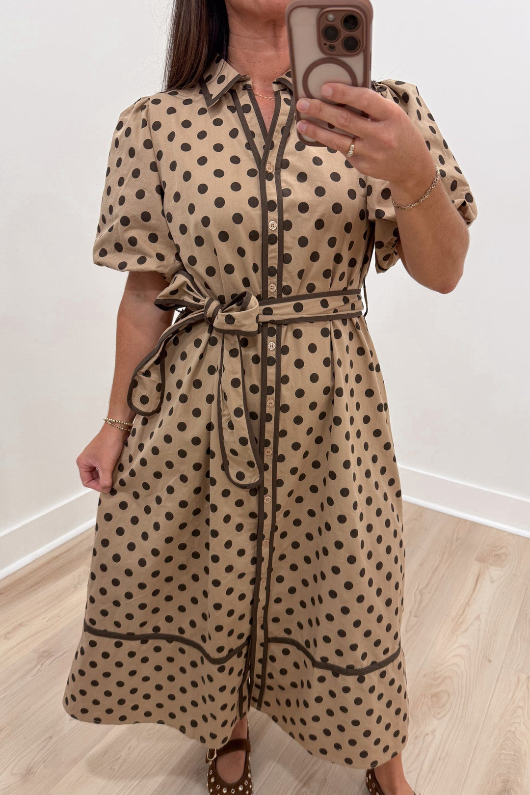 taupe with brown polka dot print puff sleeve collared v neckline button front cotton poplin midi dress