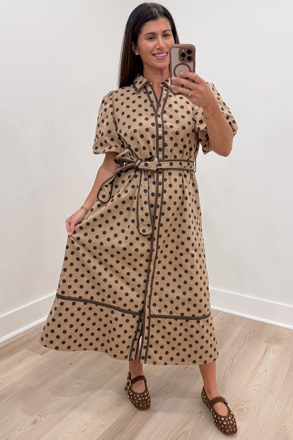 taupe with brown polka dot print puff sleeve button front flowy cotton poplin midi dress