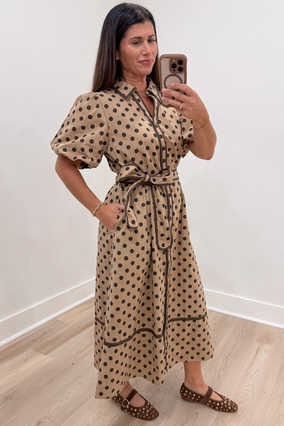 taupe with brown polka dot print puff sleeve button front cotton poplin midi dress with side pockets