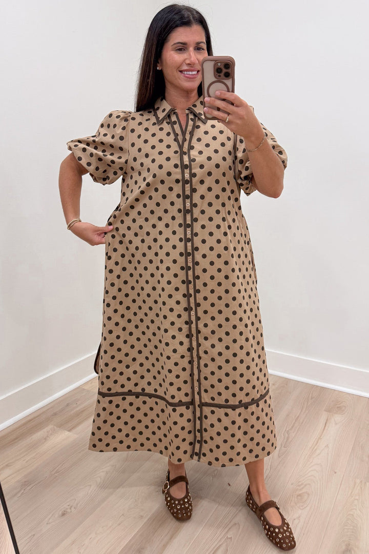 taupe with brown polka dot print puff sleeve button front cotton poplin midi dress with removable belt at waist
