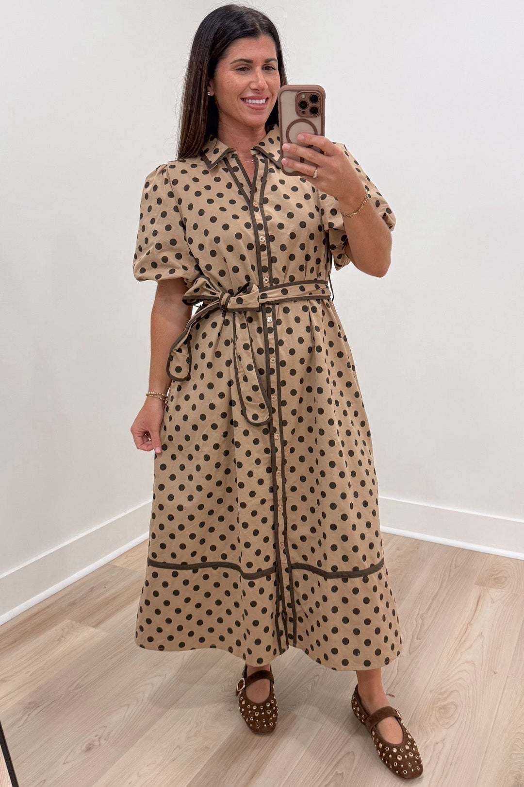 taupe with brown polka dot print puff sleeve button front cotton poplin midi dress