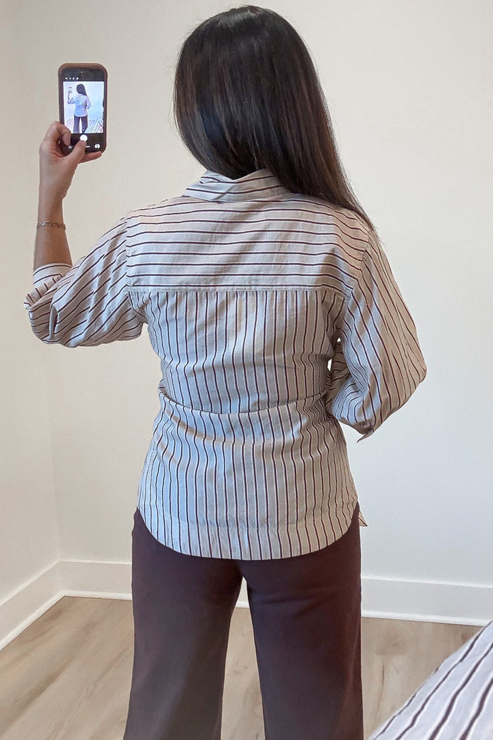 light taupe and brown striped button front half balloon sleeve top with adjustable sash tie at waist