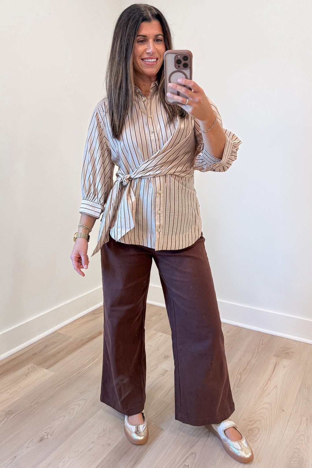light taupe and brown striped button front tie cinch waist half balloon sleeve relaxed silhouette top