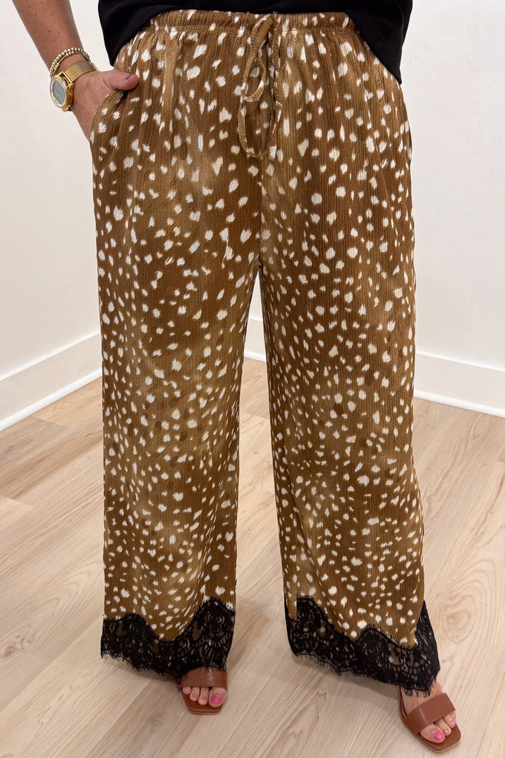 taupe and cream deer print with black lace hem drawstring elastic waist wide leg pants