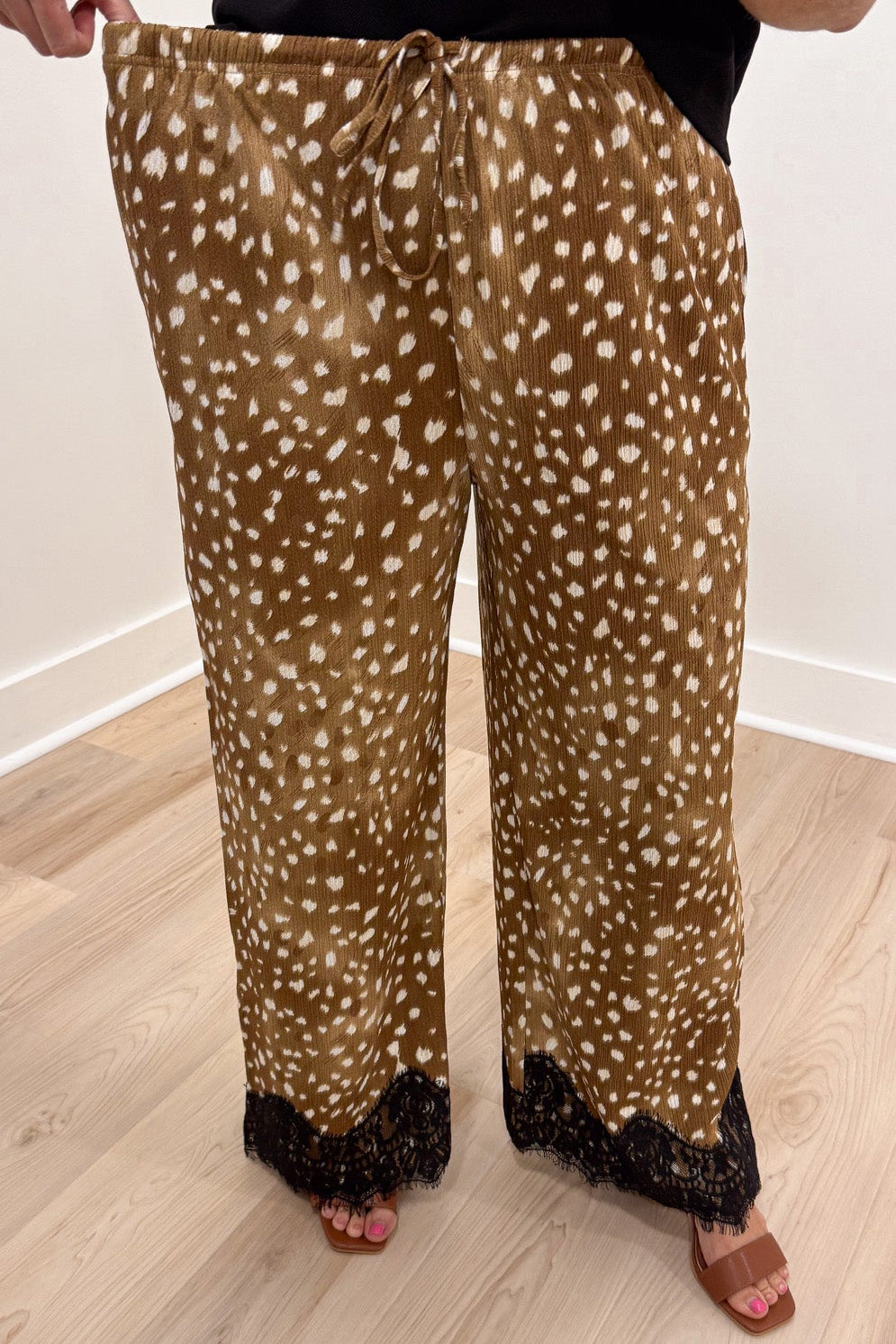 taupe and cream deer print with black lace hem elastic waist relaxed wide leg fit pants