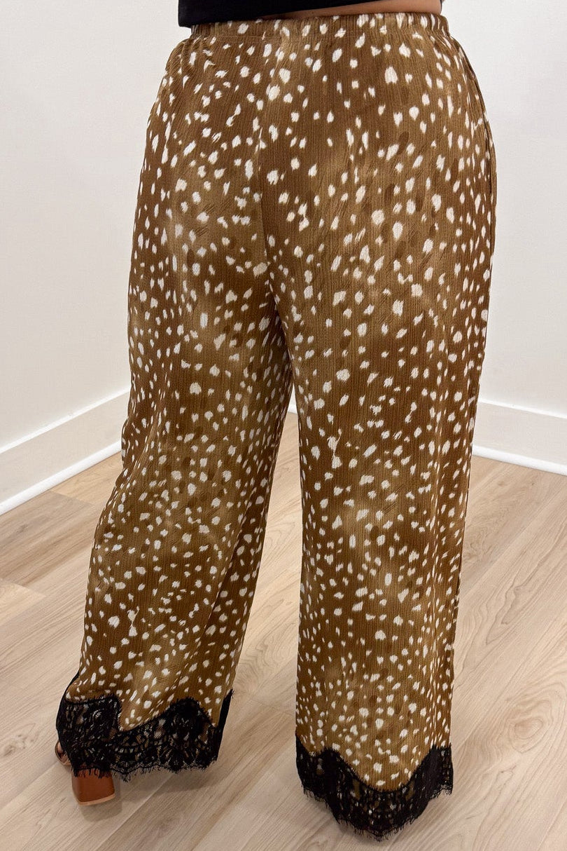 taupe and cream deer print with black lace hem elastic waist wide leg lightweight pants