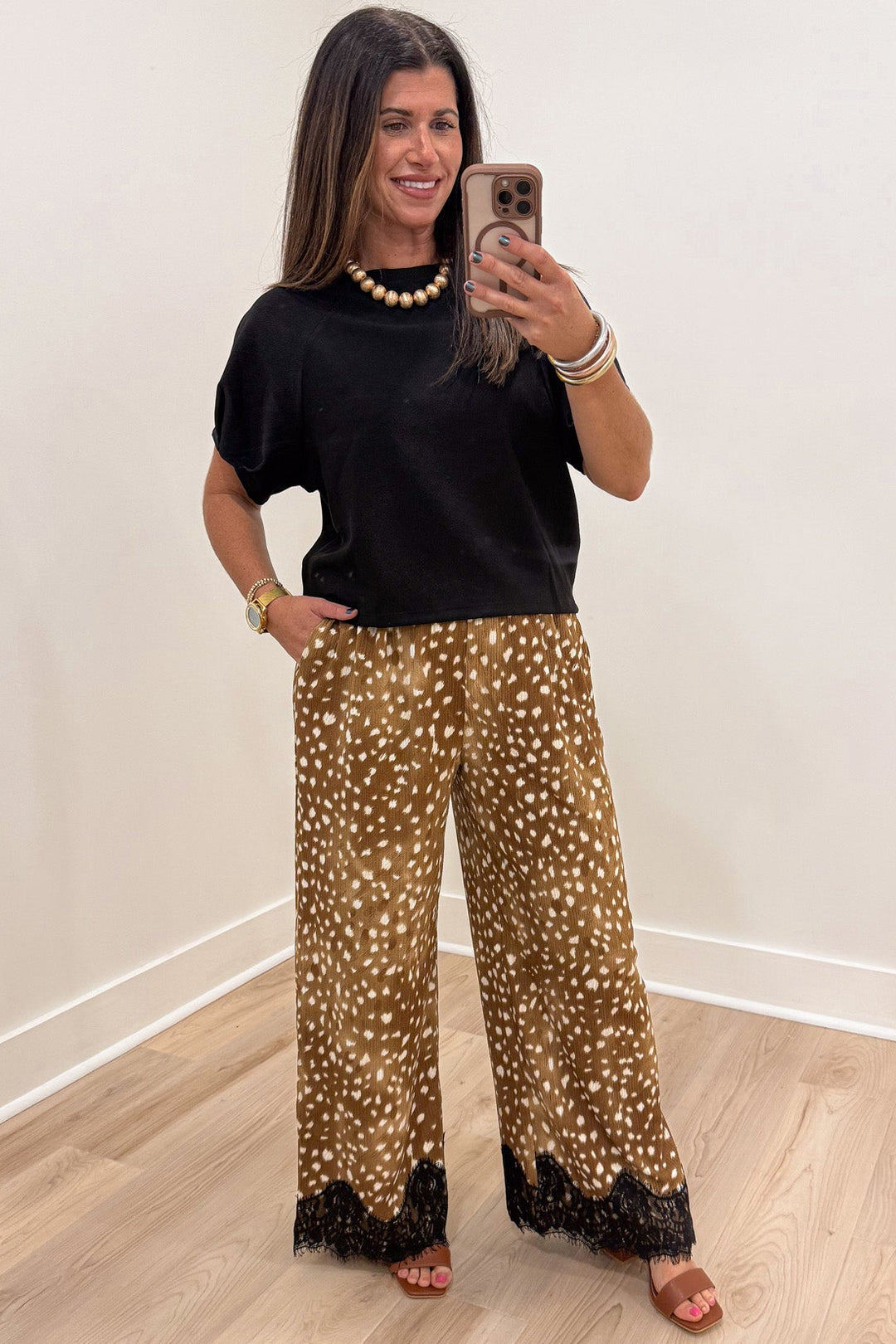 taupe and cream deer print with black lace hem elastic waist wide leg pants