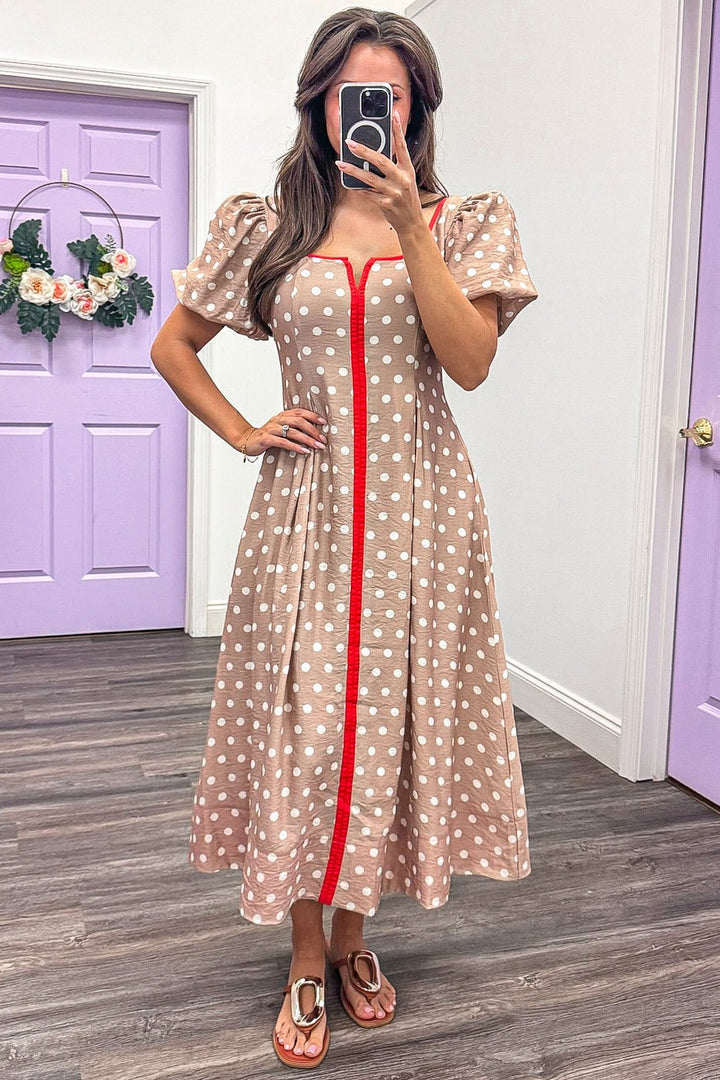 taupe and cream polka dot print with orange trim details midi dress