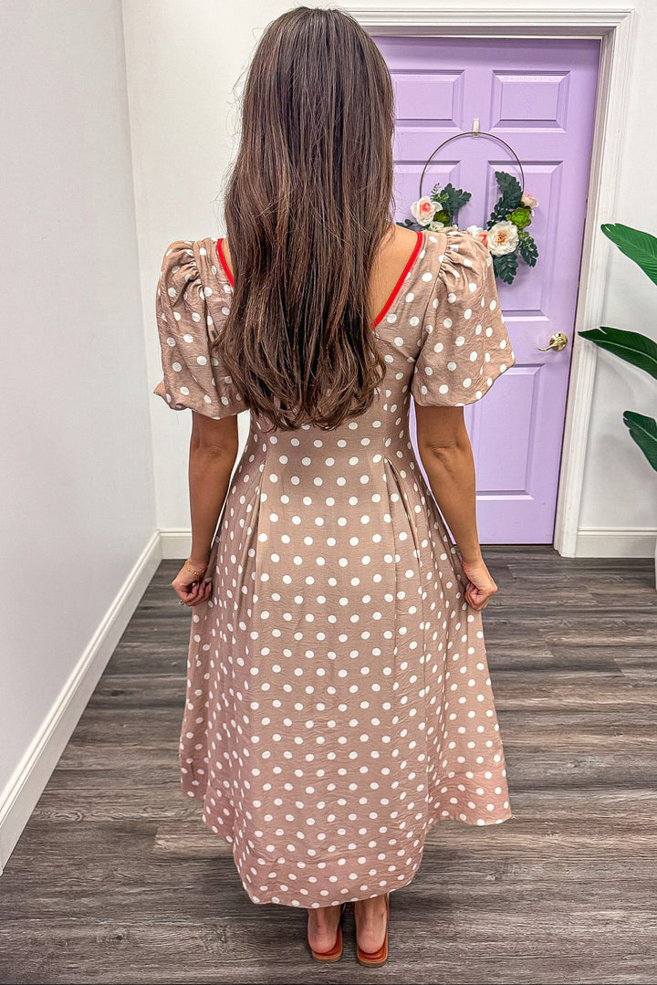 taupe and cream polka dot print with orange trim details midi dress gathered waist