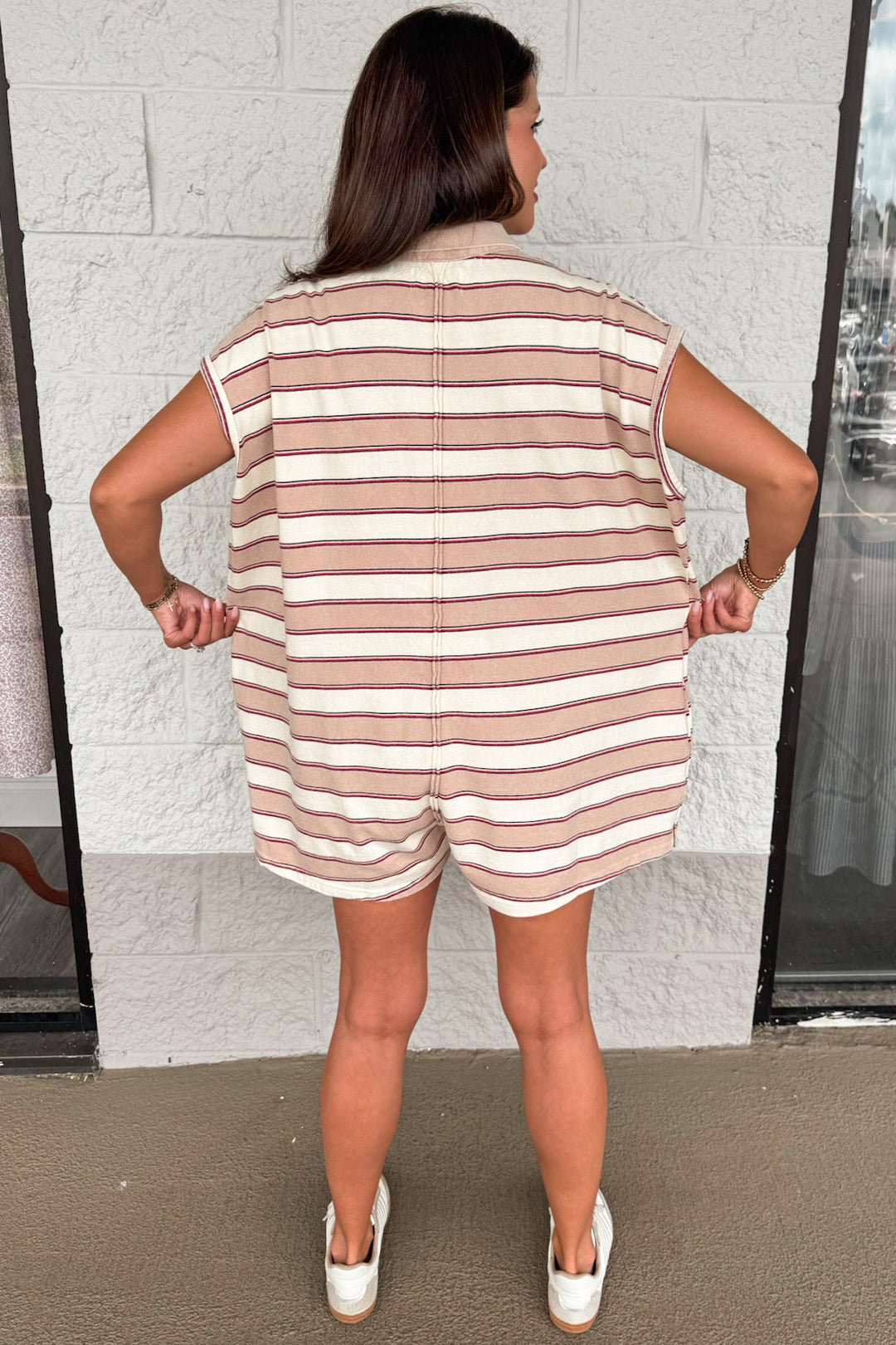 taupe and cream striped with red pinstripes polo style collared neckline knit romper