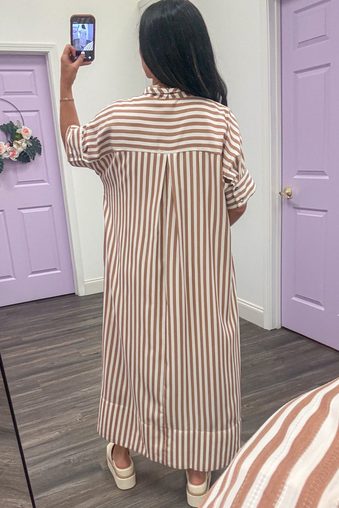 taupe and ivory striped collared short sleeve midi dress back view