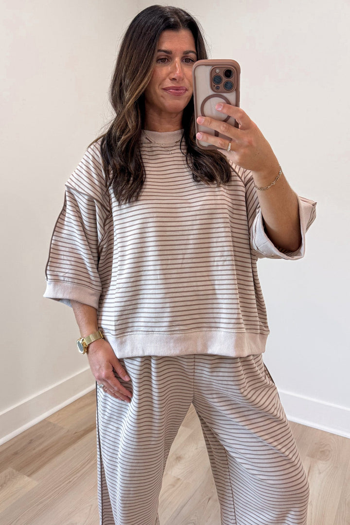 taupe and mocha horizontal striped crew neckline top and jogger pants matching knit set