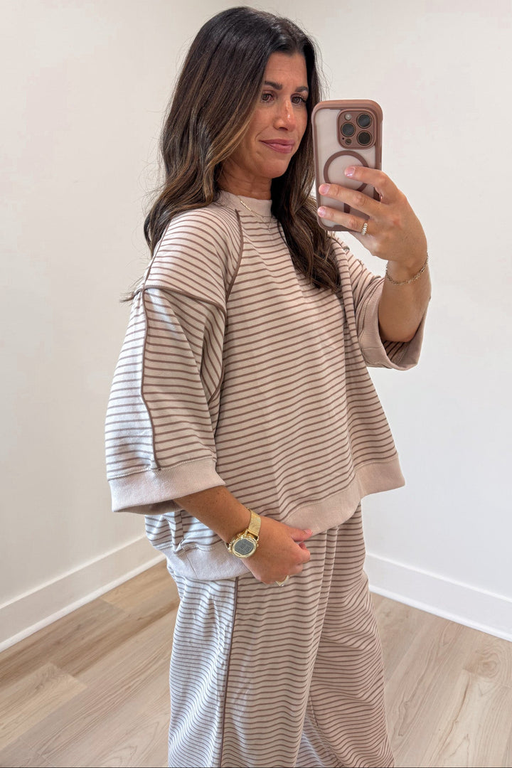 taupe and mocha horizontal striped drop shoulder short sleeve top and jogger pants matching knit set