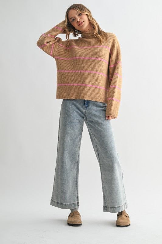 Women's taupe ribbed knit sweater with pink stripes by Wishlist showing full front view