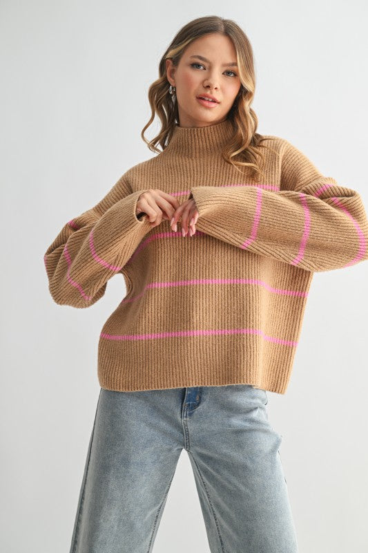 Women's taupe ribbed knit sweater with pink stripes by Wishlist