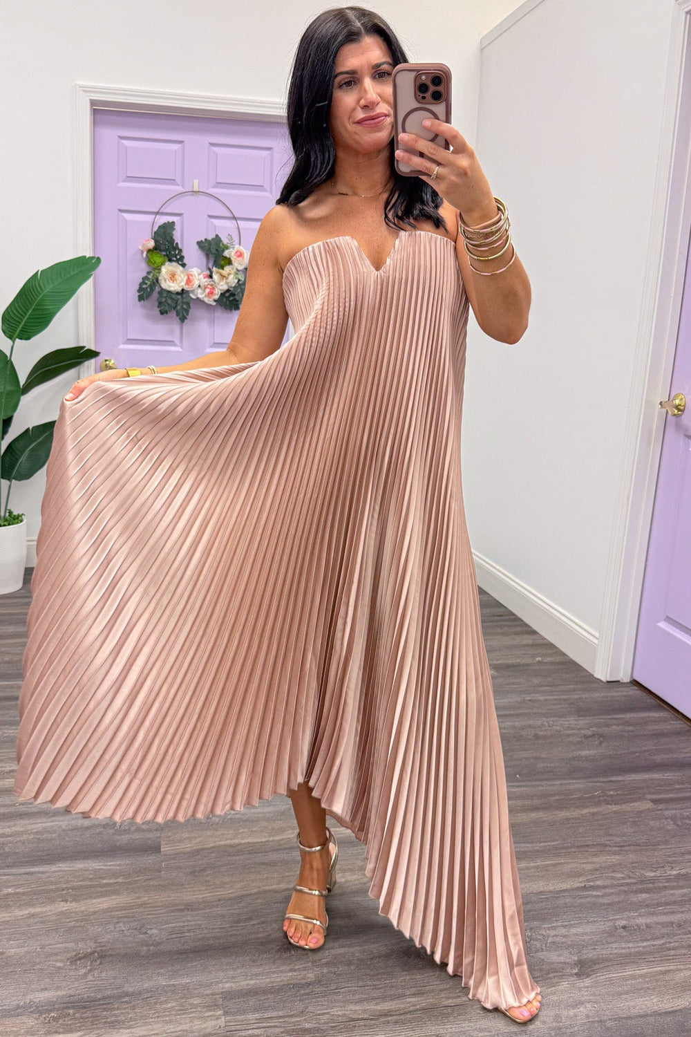 taupe pleated strapless flowy silhouette maxi dress