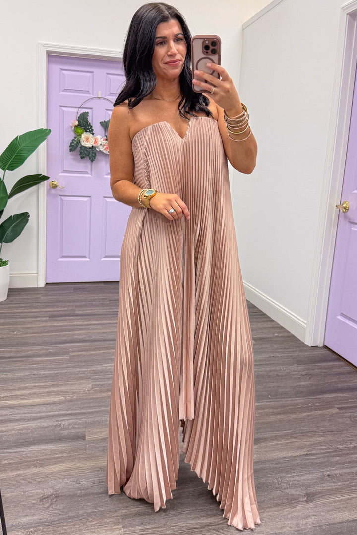 retro style taupe pleated strapless asymmetrical shark bite hem maxi dress
