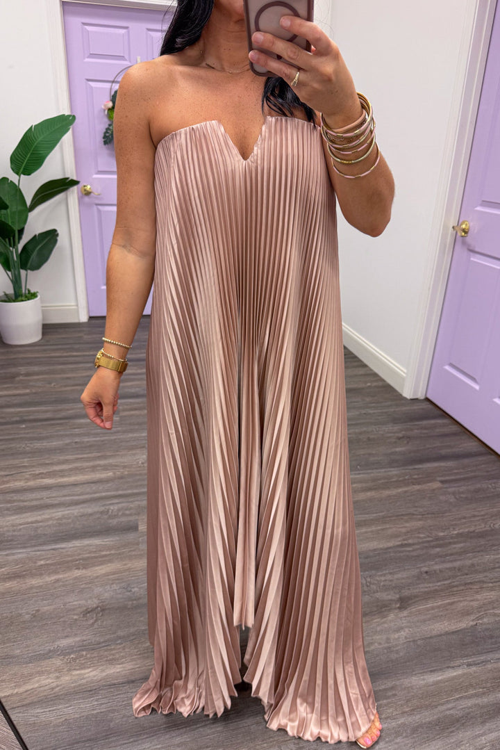 taupe pleated strapless v-cut notch square neckline flowy maxi dress