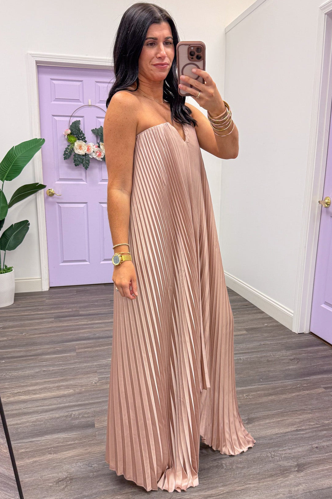 elegant vintage taupe pleated asymmetrical shark bite hem maxi dress