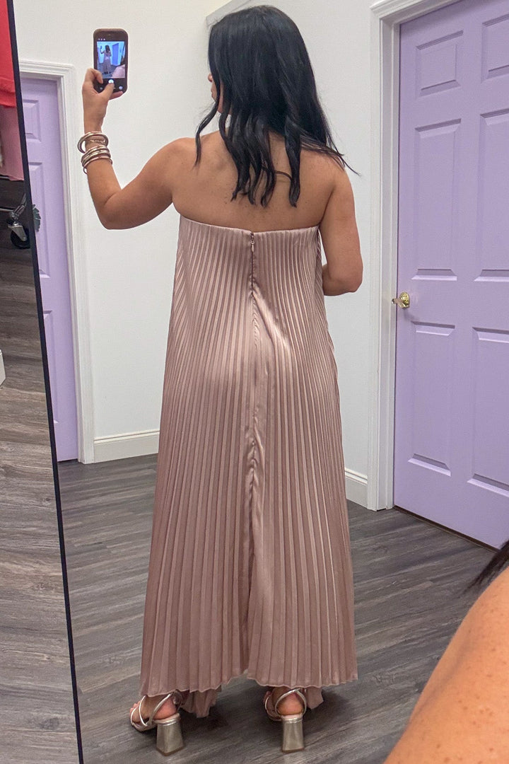 taupe pleated strapless flowy maxi dress back zipper closure