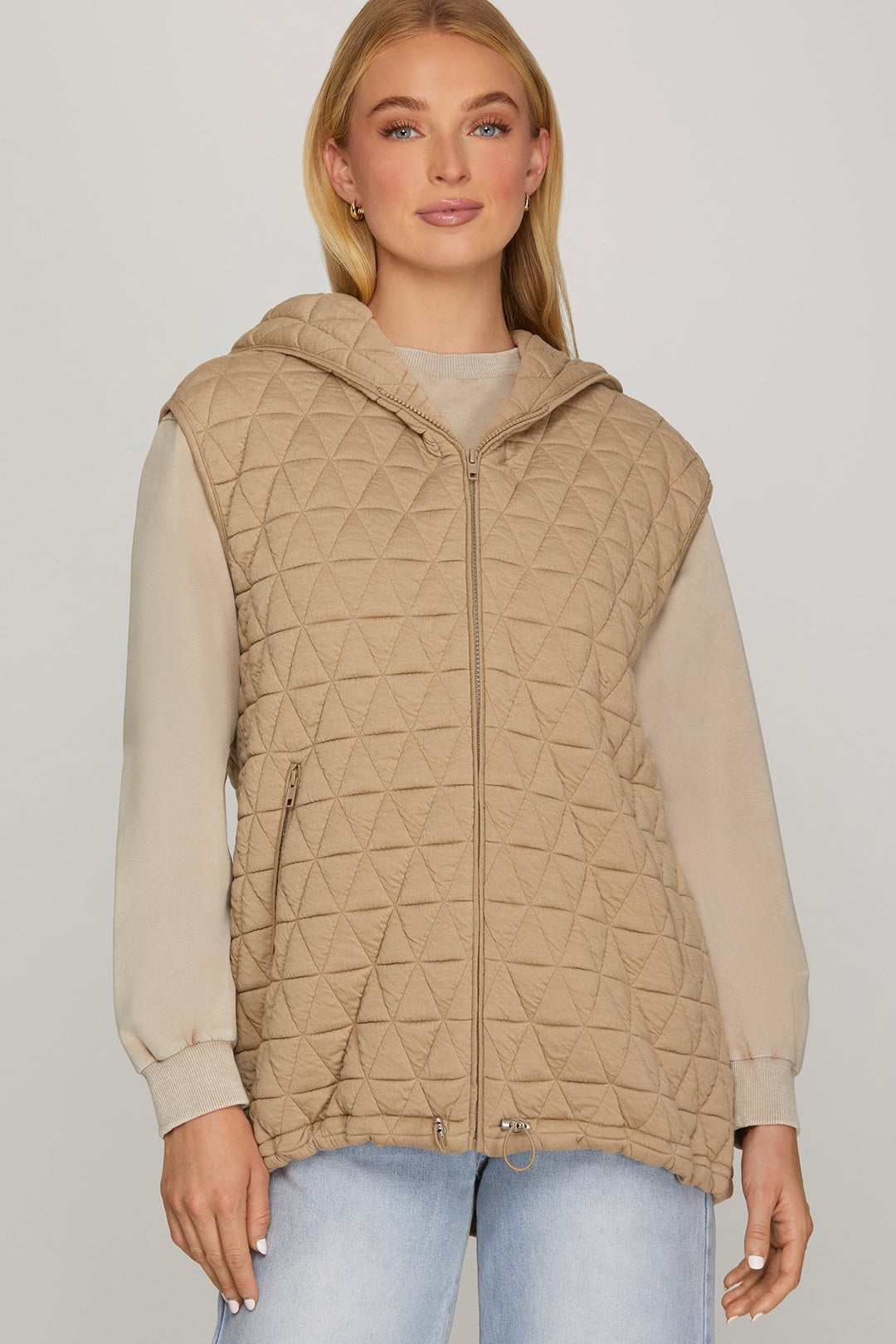 Women's taupe quilted knit puffer vest with hood and cinch hem by She + Sky