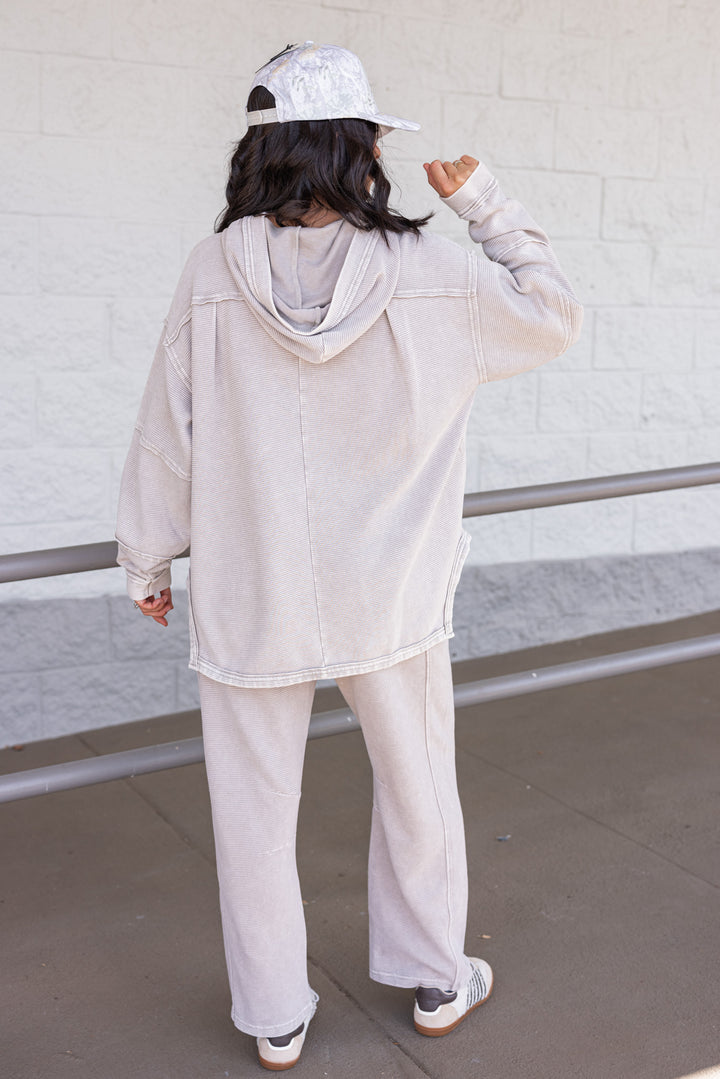 Women's mineral washed heather grey ribbed knit hooded pullover by Easel  showing back view