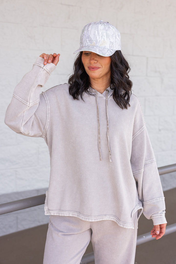 Women's mineral washed heather grey ribbed knit hooded pullover by Easel 