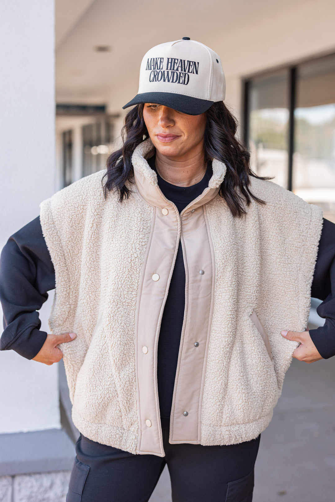 Women's taupe sherpa vest by Rae Mode showing relaxed fit
