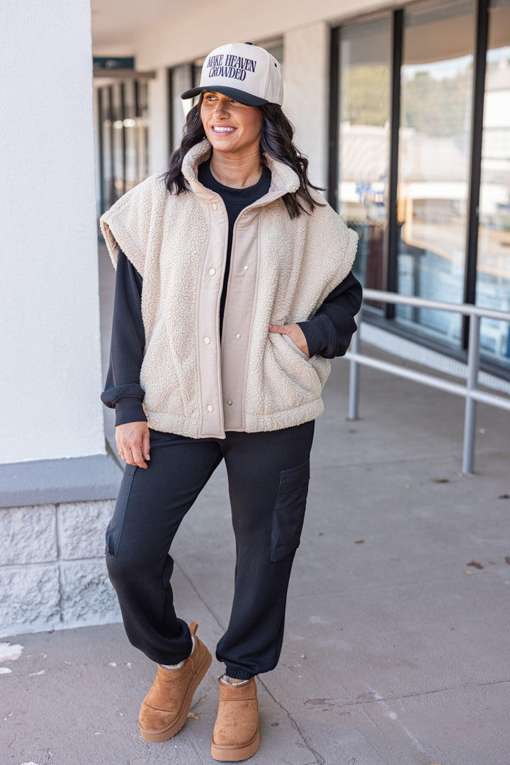 Women's taupe sherpa vest by Rae Mode shown with an outfit