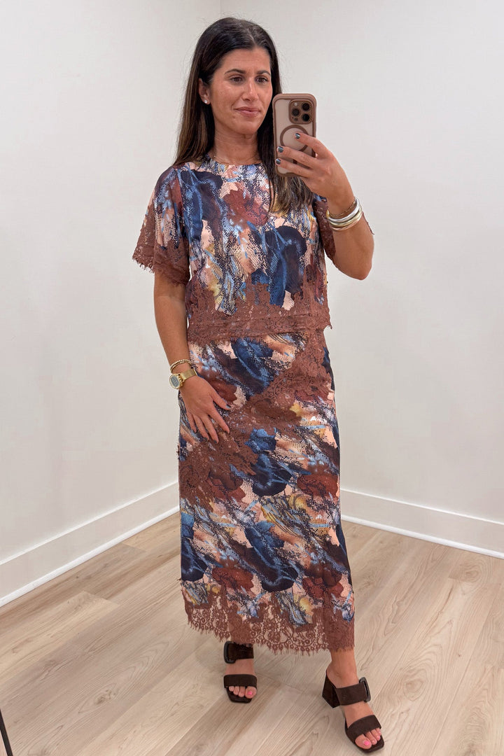 tcec snakeskin print satin top with lace matching outfit