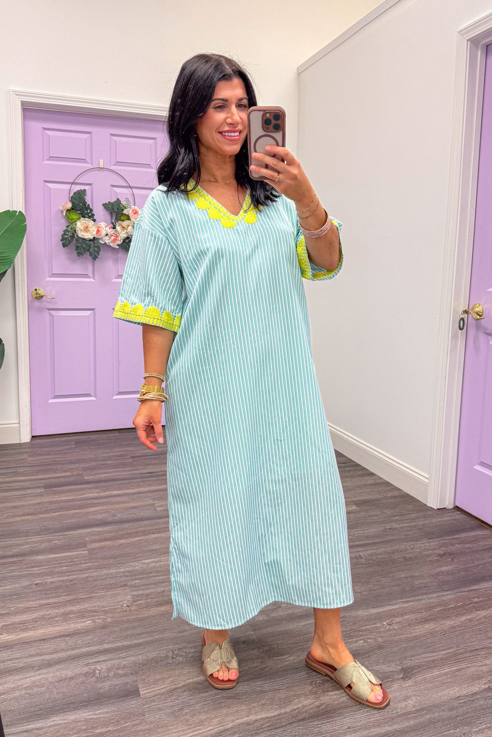 women's mint green stripe midi dress with lime embroidered detail