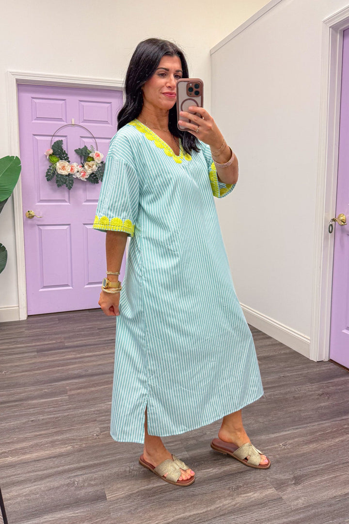 women's mint green stripe dress with lime embroidered and side slits