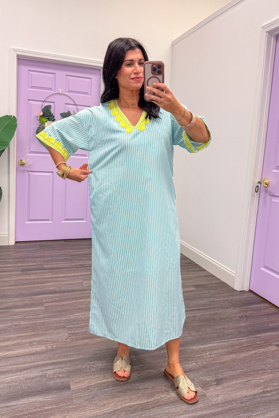 women's mint green stripe dress with lime embroidered detailing