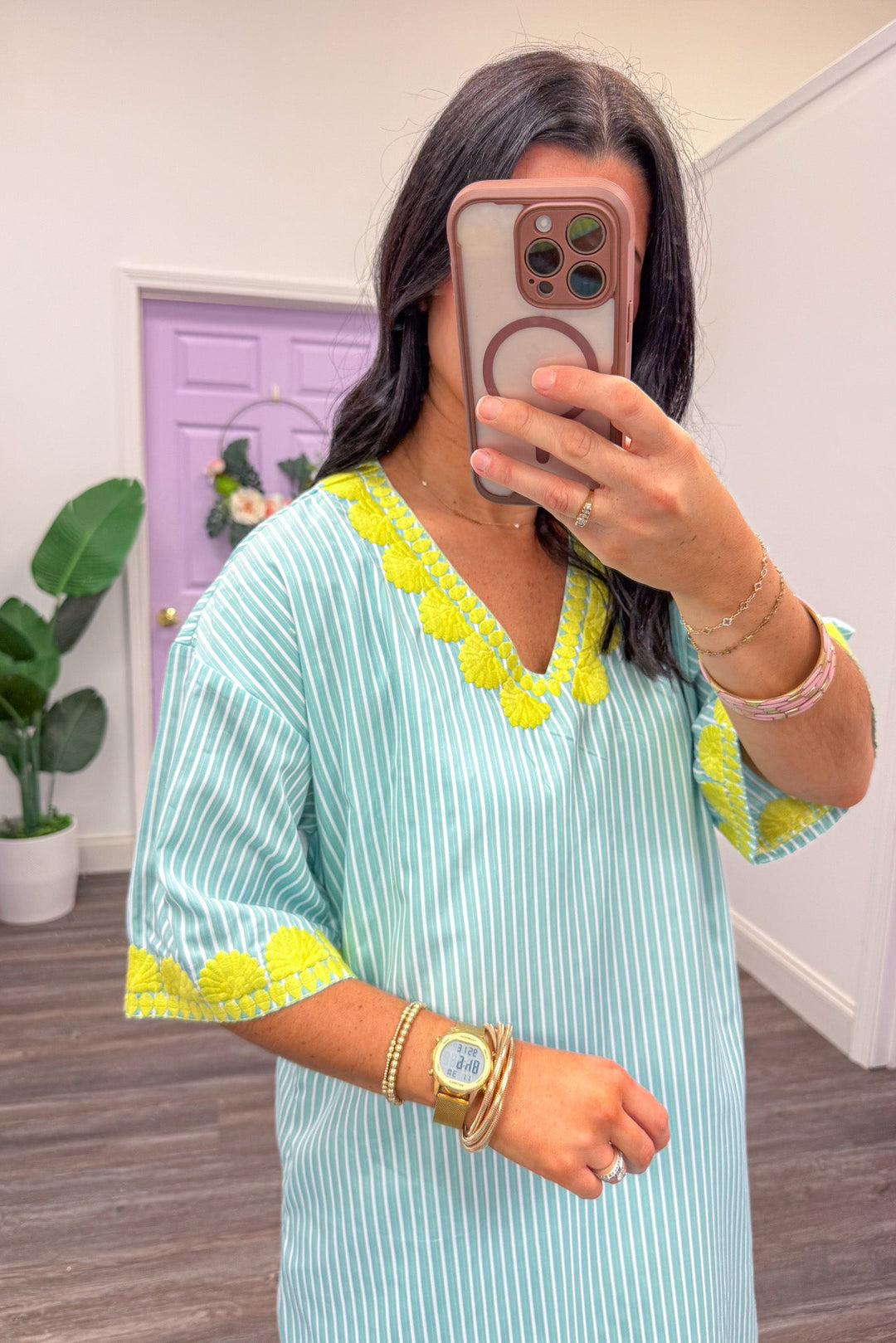mint green stripe dress with lime embroidered detail
