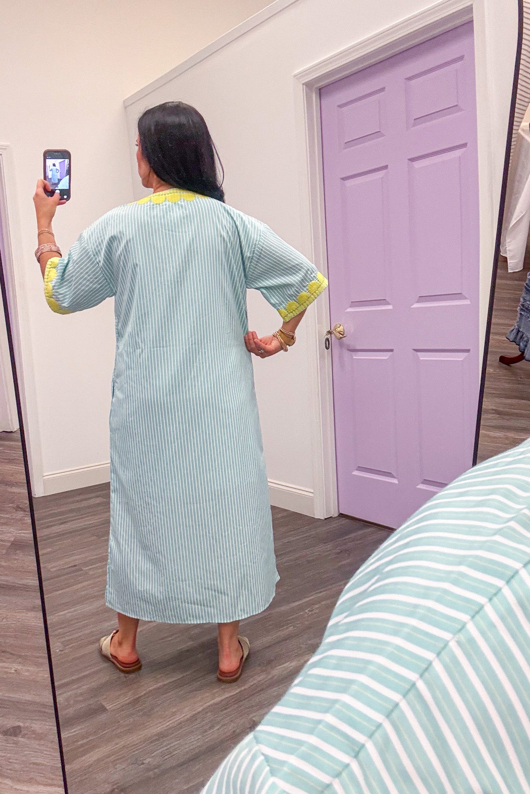 women's mint green stripe dress with lime embroidered detail back