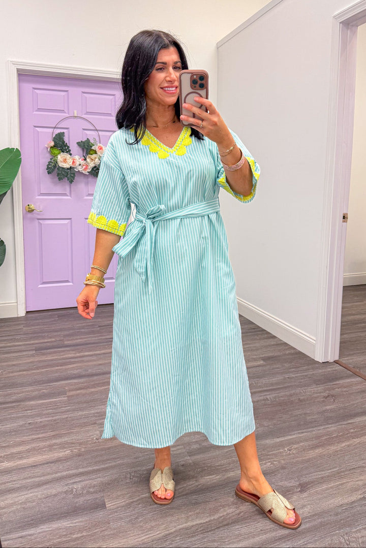 women's mint green stripe dress with lime embroidered detail