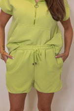 textured lime casual drawstring shorts set
