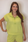 textured lime quarter zip casual top