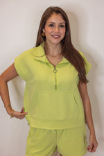 textured lime quarter zip casual top