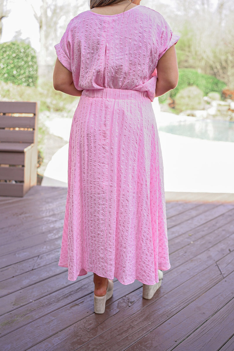 textured pink midi skirt top matching set