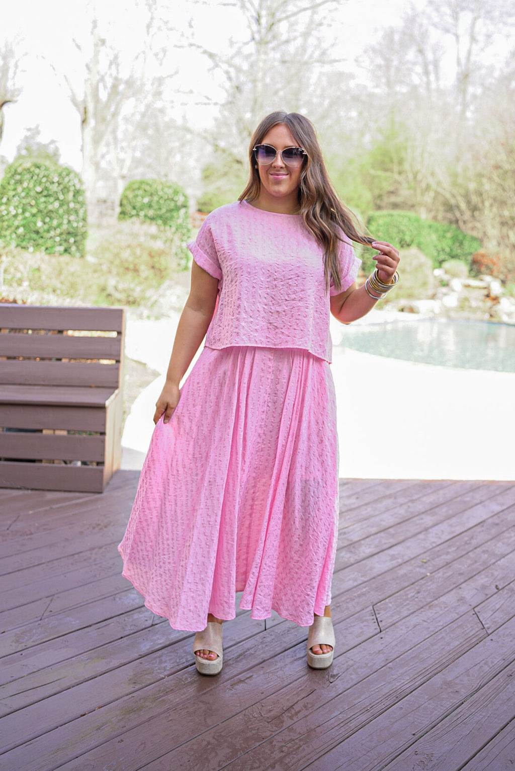 textured pink midi skirt top matching set