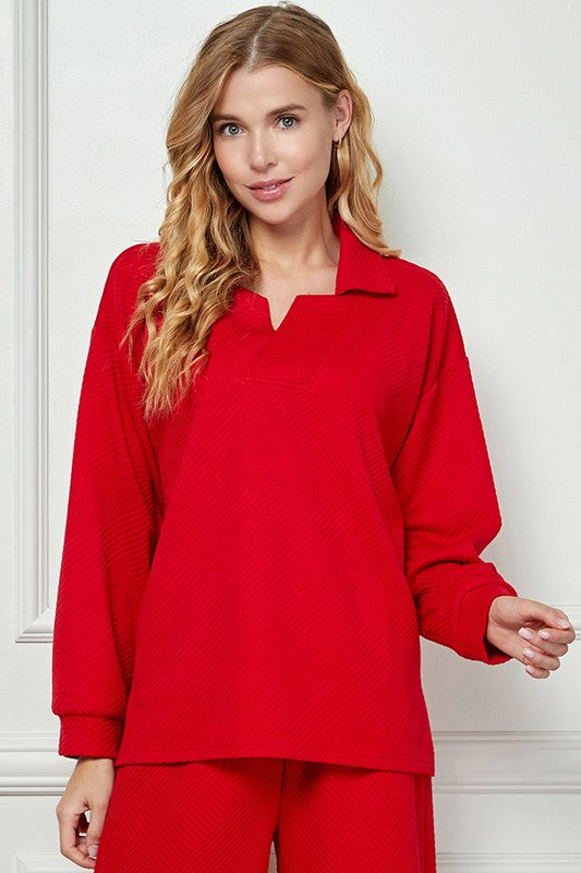 See And Be Seen Textured long sleeve red collared top