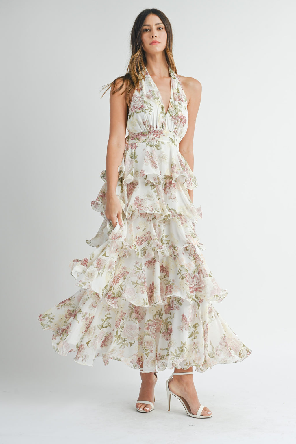 Off white floral print tiered maxi dress with halter neckline