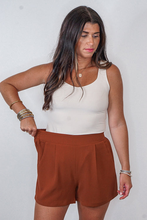 pleated toffee brown shorts 