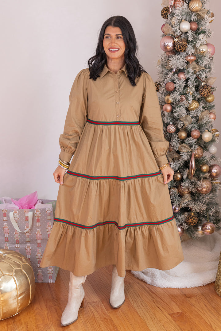 Women's taupe poplin midi dress with red and green ribbon trimmed tiers by Jodifl
