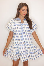 white blue floral printed babydoll dress