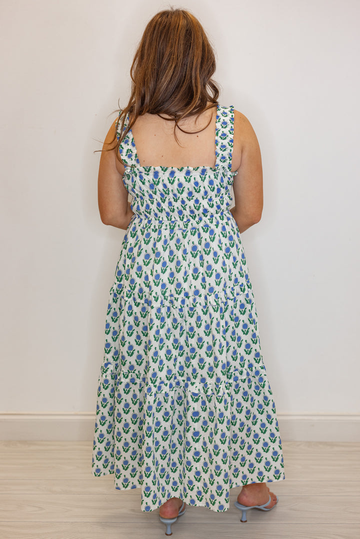 blue green floral print ruffle trim midi dress