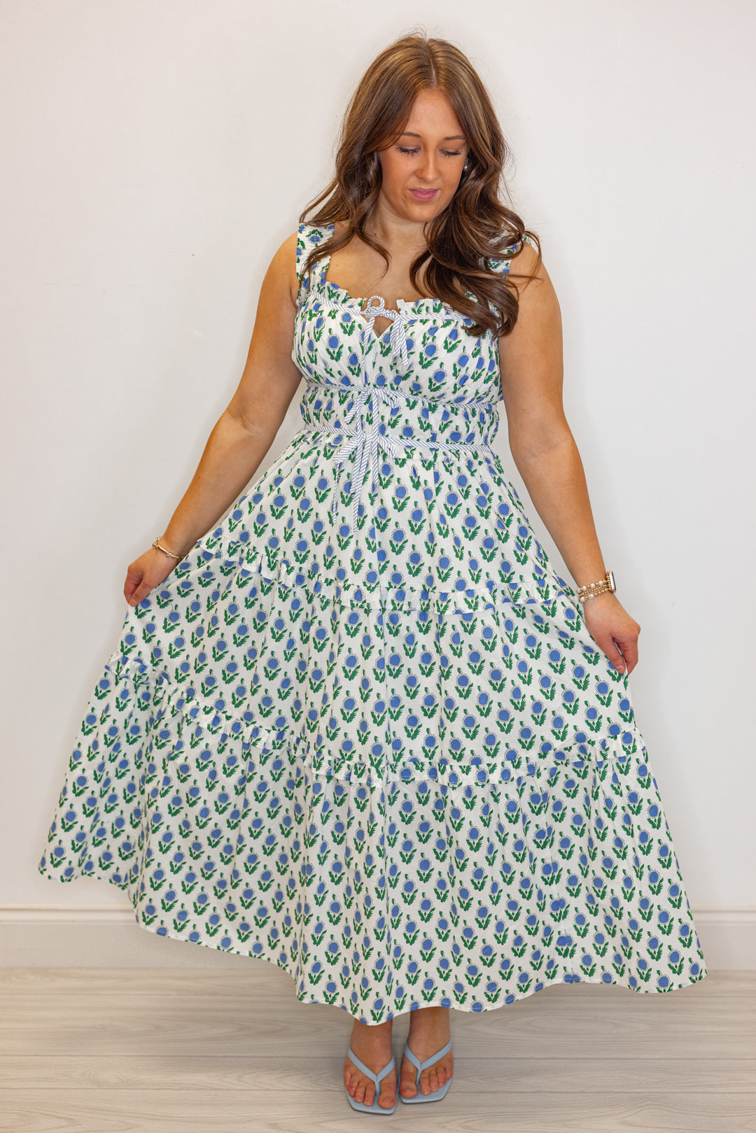 blue green floral print ruffle trim midi dress
