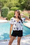 black white floral bow vneck top